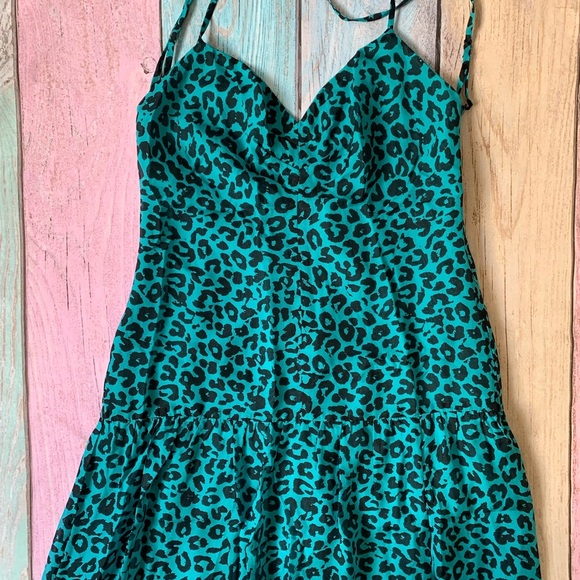 Michelle Mason teal and black leaopard print midi dress 100% silk nwt - Picture 7 of 14